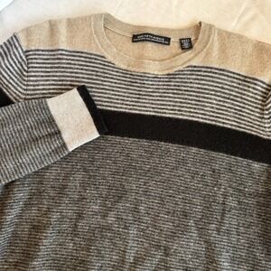 Saks Fifth Striped Gray Tan Sweater Extra Fine Merino Wool Pullover Crewneck Med